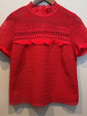 Strut & Bolt Red Crochet Lace Top Boho Floral Sheer Blouse Ruffle Hem Top Size S